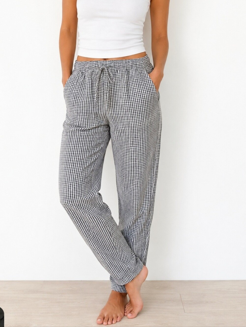 Eileen Fisher XS black white gingham organic linen drawstring pants minimalist